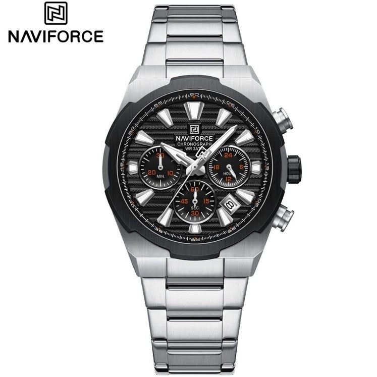 ساعت مچی نیوی فورس اورجینال مردانه مدل Naviforce NF8081 نقره ای مشکی (سه موتوره)