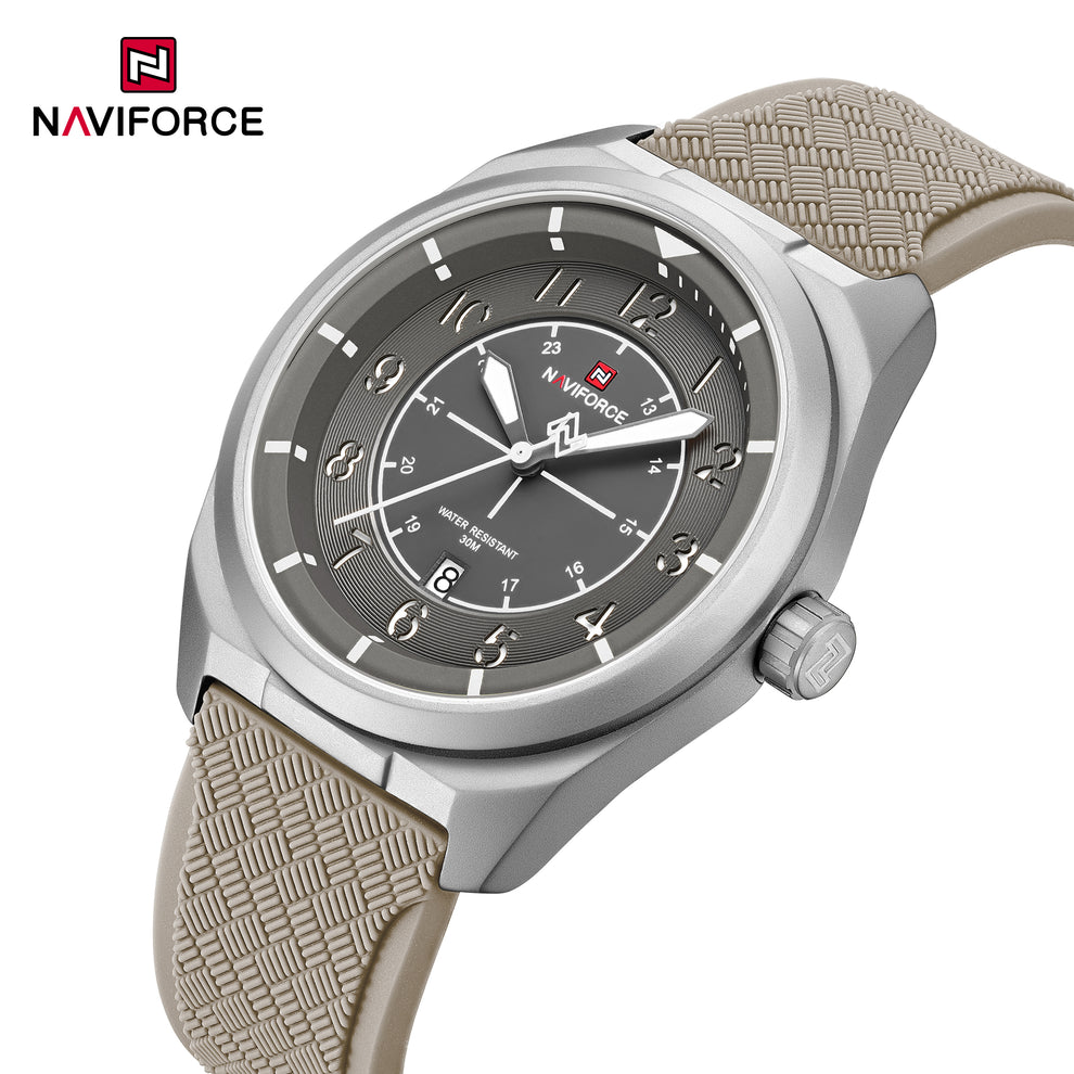 ساعت مچی مردانه Naviforce مدل NF9281 | بند سیلیکونی بژ  ، صفحه و قاب بژ | اسپرت و مقاوم