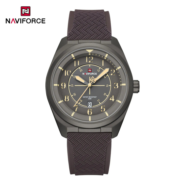 ساعت مچی مردانه Naviforce مدل NF9281 | بند سیلیکونی قهوه ای، صفحه و قاب خاکستری | اسپرت و مقاوم