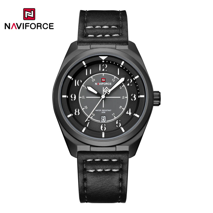 ساعت مچی مردانه Naviforce مدل NF9281 |بند چرم مشکی /صفحه و قاب مشکی | اسپرت و مقاوم