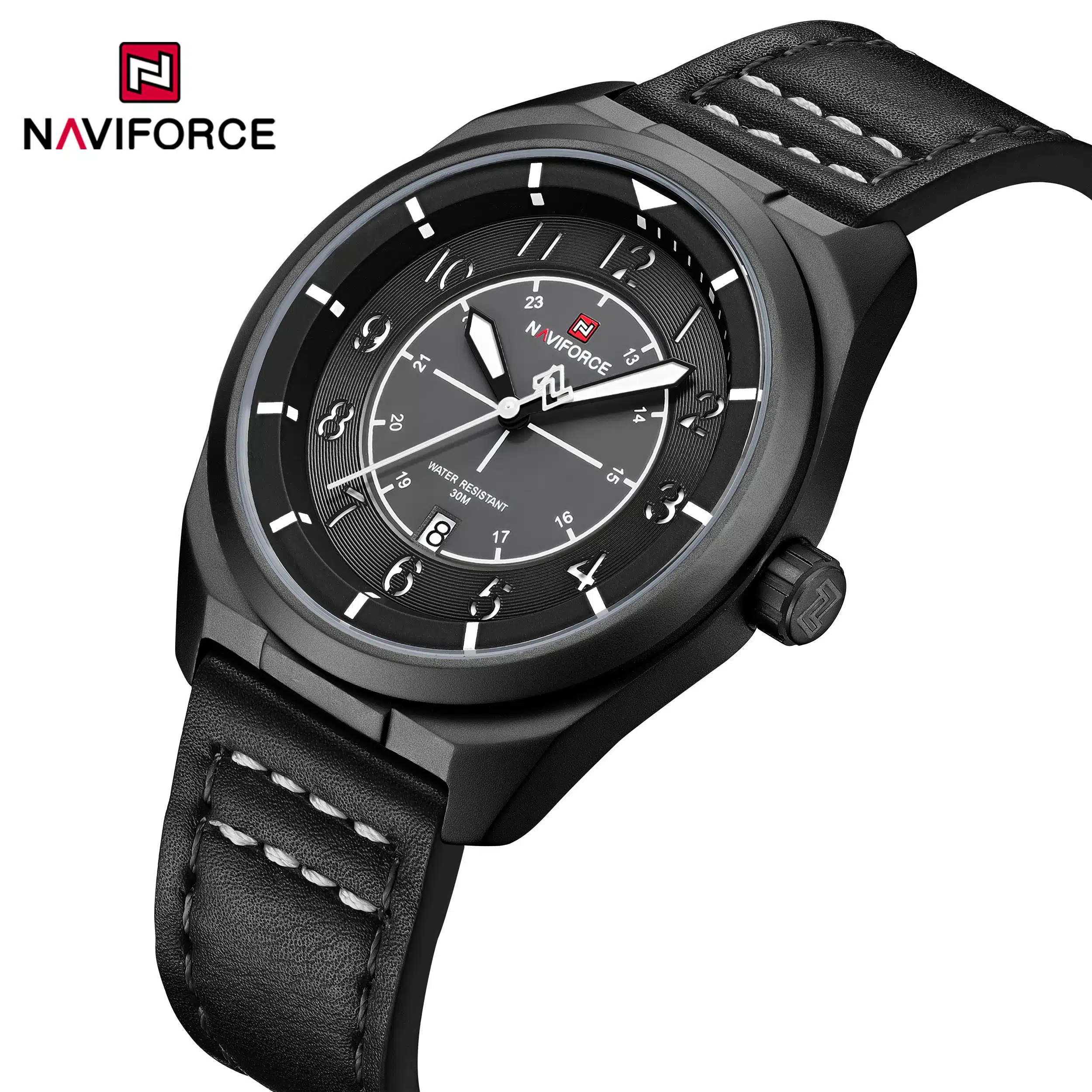 ساعت مچی مردانه Naviforce مدل NF9281 |بند چرم مشکی /صفحه و قاب مشکی | اسپرت و مقاوم