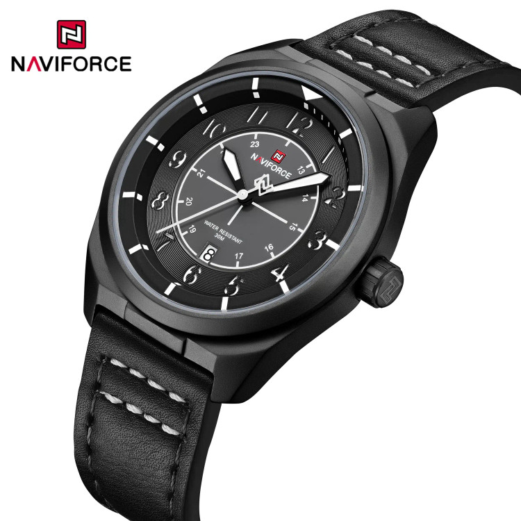 ساعت مچی مردانه Naviforce مدل NF9281 |بند چرم مشکی /صفحه و قاب مشکی | اسپرت و مقاوم
